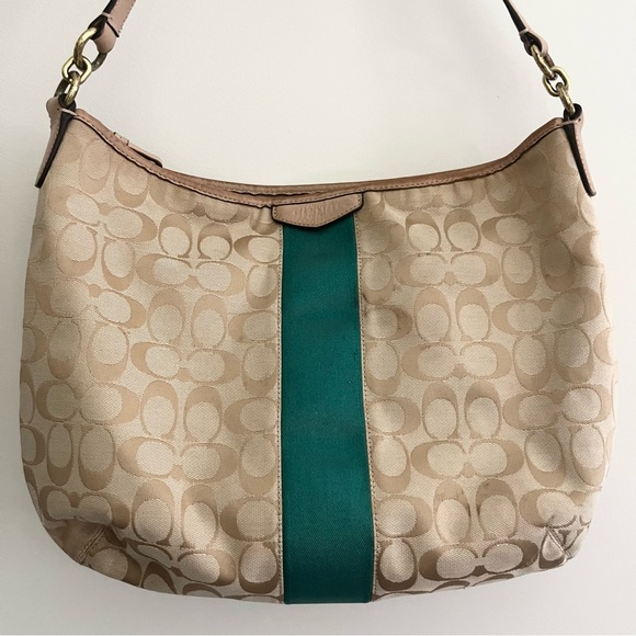 Coach Signature Stripe Green Tan Convertible Hobo Shoulder Bag F29941 Read Notes - Picture 2 of 14